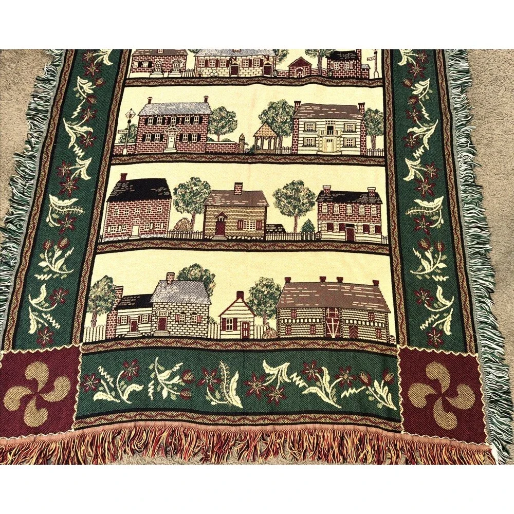 Vintage Bob Timberlake Throw Tapestry Blanket Houses Flowers Village Made in USA
